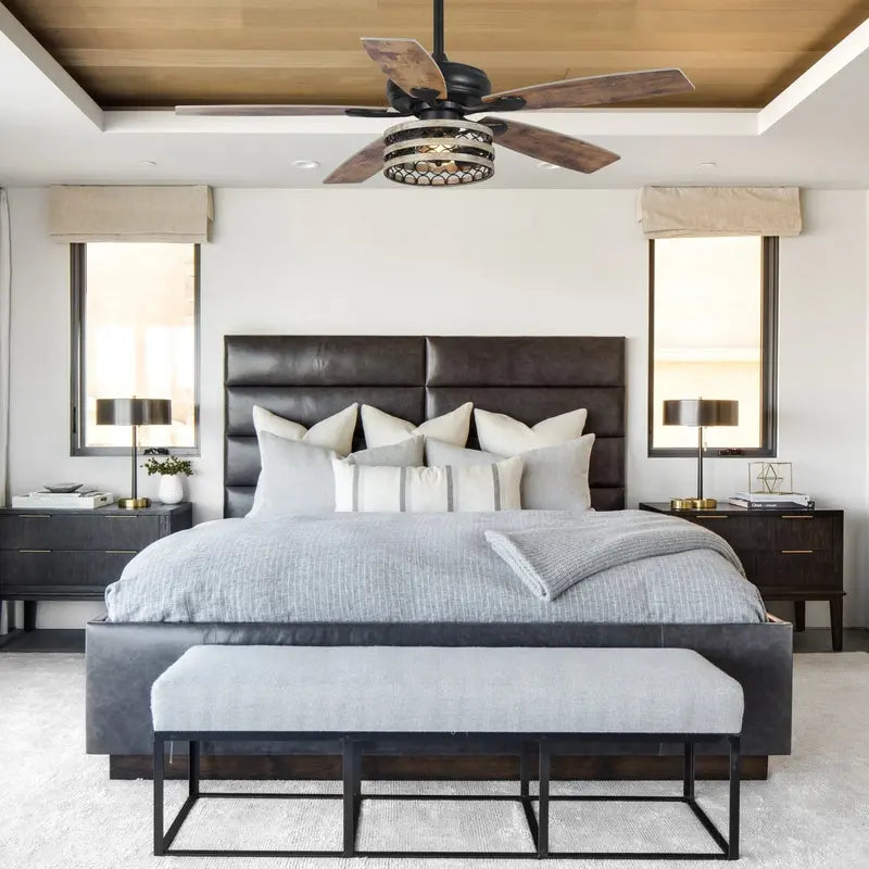 52-Inch Farmhouse Ceiling Fan with Driftwood Blades, Black Cage Design, and Remote Control