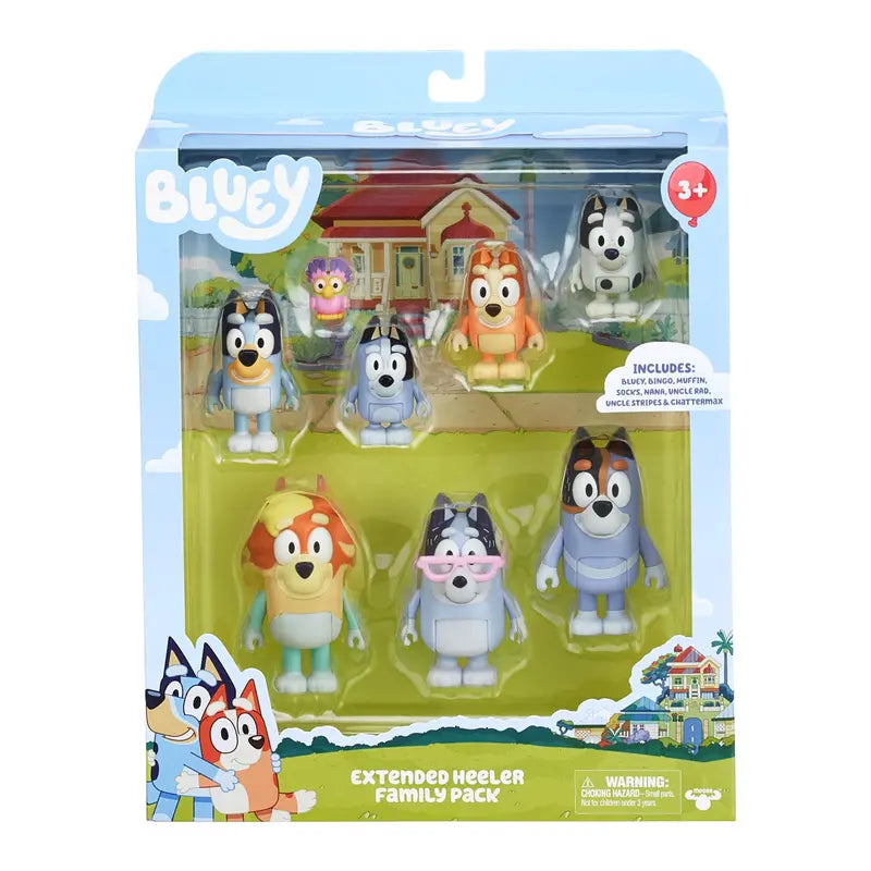 Bluey, Extended Heeler Family Pack, 2.5-3 inch Figures, Bluey, Bingo, Socks, Muffin, Uncle Stripe, Uncle Rad, Nana and Chattermax, Preschool, Toys for Kids, Ages 3+