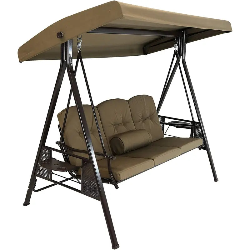 Sunnydaze 3-Person Patio Swing Bench  Steel Frame, Adjustable Canopy, Beige Cushions & Pillows Included