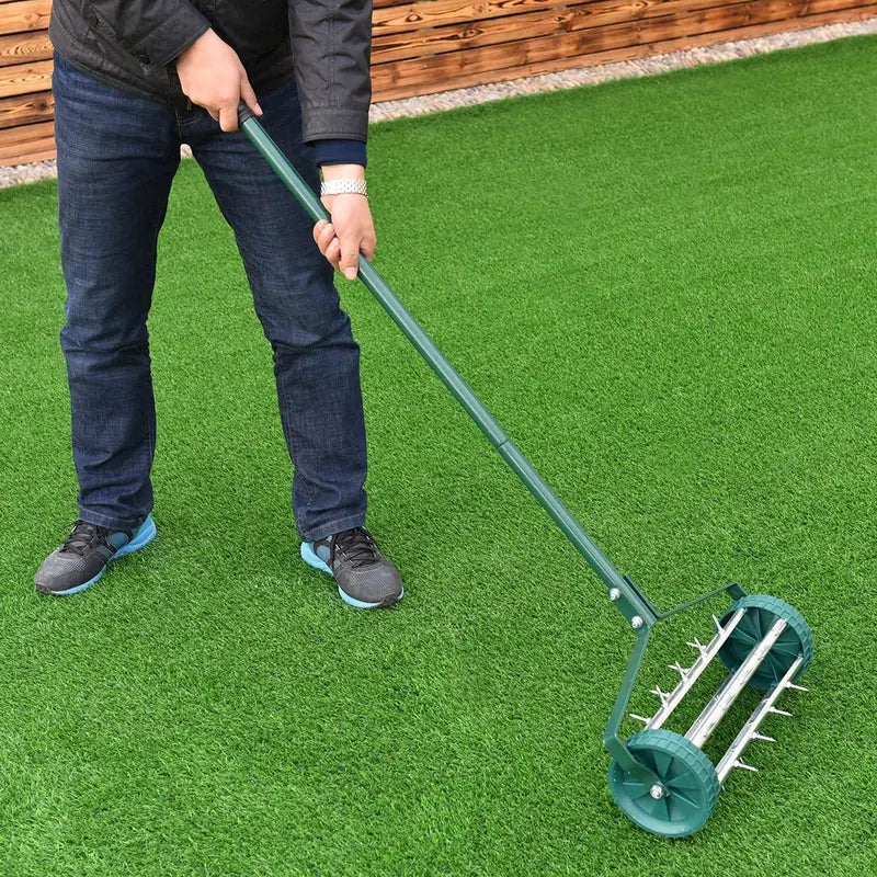 Rolling 18-Inch Lawn Aerator  Heavy-Duty Rotary Spike Aeration Tool for Gardens and Yards