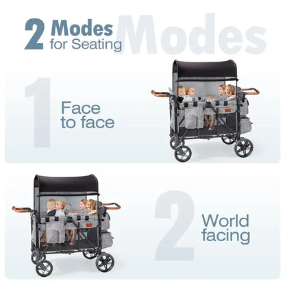 All-Terrain 4-Child Wagon Stroller — Quad-Seater with Canopy, 5-Point Harness, Parent Organizer & Adjustable Handle