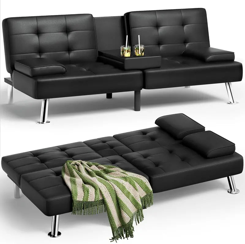 Homall Leather Futon Sofa Bed  Adjustable Recliner with Removable Armrests & Dual Cup Holders