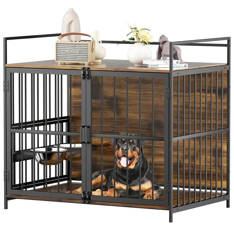 ROOMTEC Large Dog Crate Furniture with Adjustable Bowls, Steel Frame, Anti-Chew Design, 48″x30.3″x43″
