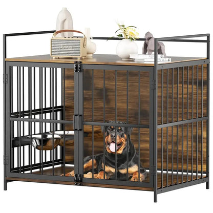 ROOMTEC Large Dog Crate Furniture with Adjustable Bowls, Steel Frame, Anti-Chew Design, 48″x30.3″x43″