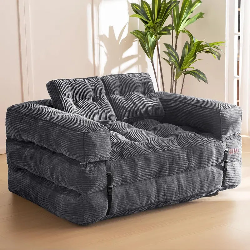 L-Shaped Folding Sofa Bed  Convertible Living Room Lounger with Armrests & Pillows