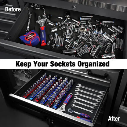 WORKPRO Aluminum Magnetic Socket Organizer  3-Piece Set for 1/4″, 3/8″, and 1/2″ Sockets