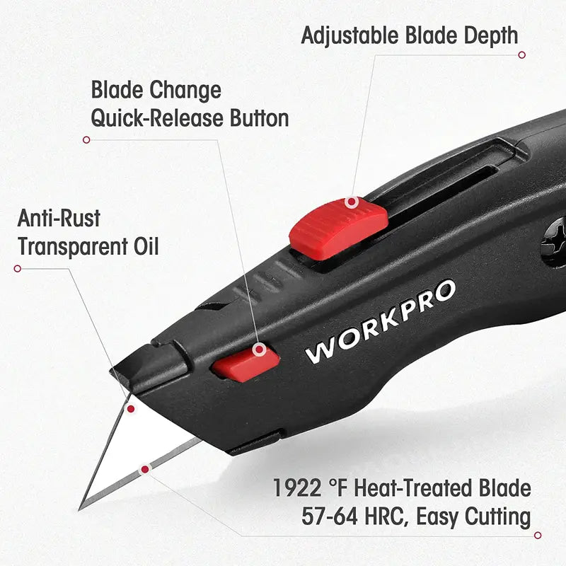 WORKPRO All-Metal Retractable Utility Knife  Heavy-Duty Box Cutter with 10 Spare Blades