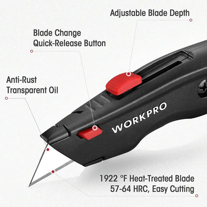 WORKPRO All-Metal Retractable Utility Knife  Heavy-Duty Box Cutter with 10 Spare Blades