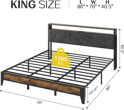 OLEVS Single Metal Platform Bed with LED-Lit Storage Headboard & USB Charging Station