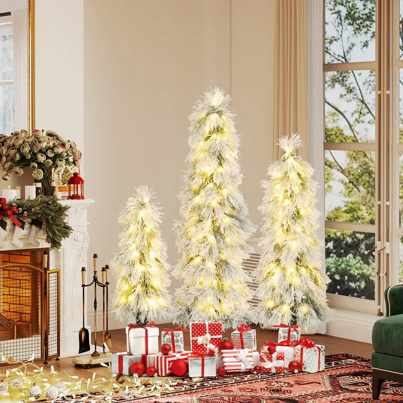 Holiday Tree Trio  Assorted 3’, 4’, and 5’ Snow-Flocked Pre-Lit Christmas Trees