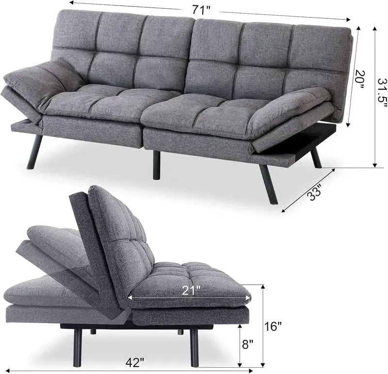 Modern Futon Sofa Bed  Memory Foam Cushioned Convertible Couch with Supportive Sleep Surface