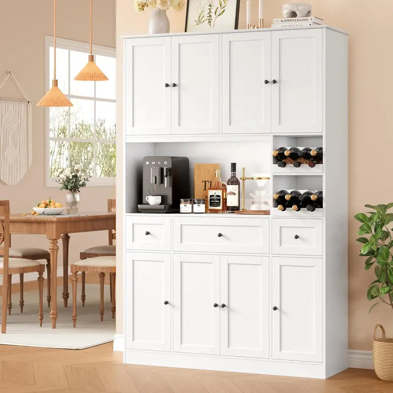 White 72-Inch Tall Kitchen Pantry  Integrated Wine Rack & Microwave Stand with Ample Storage