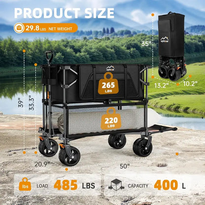 50″ Outdoor All-Terrain Double-Decker Wagon  400L Collapsible Sports & Utility Cart for Camping & Transport