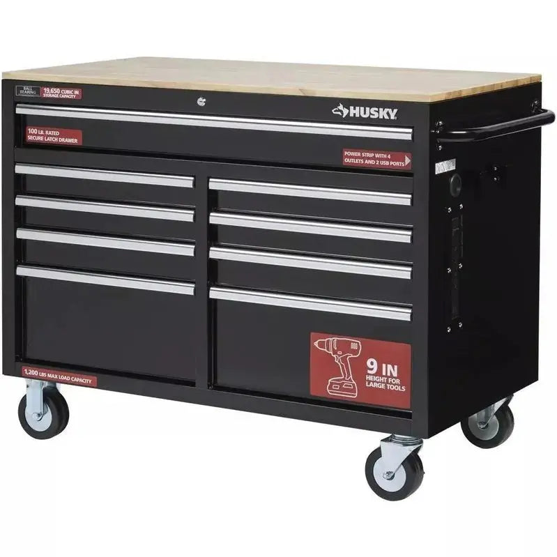 46-Inch Gloss Black Mobile Workbench  9-Drawer Deep Tool Chest with Casters and Heavy-Duty Frame