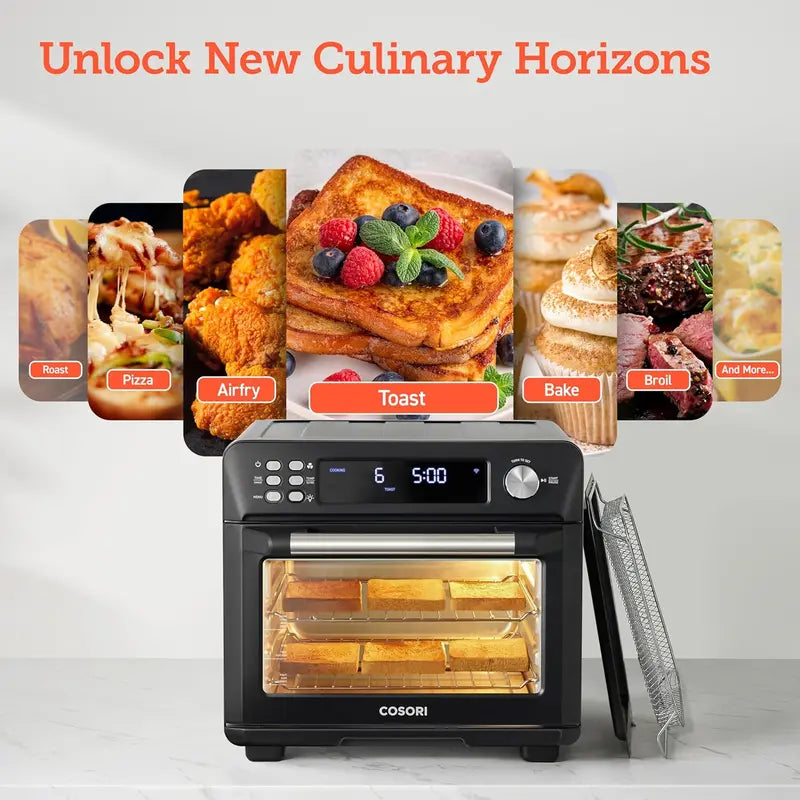 COSORI Smart 12-in-1 Air Fryer Toaster Oven  26-Quart Silver-Stainless Countertop Oven with 75 Recipes and Accessories