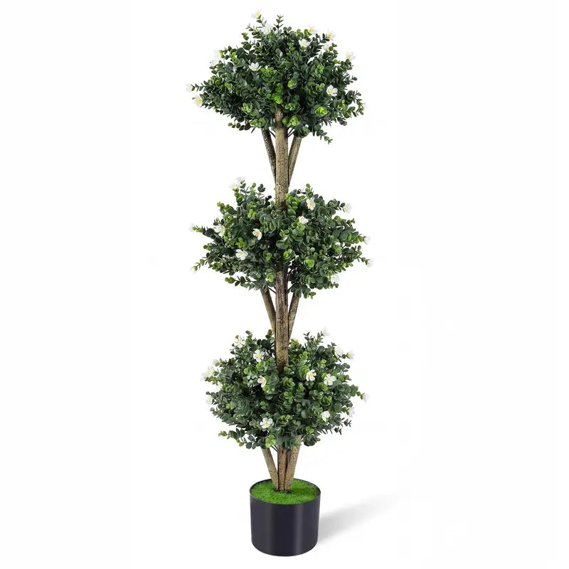 51-Inch Artificial Triple-Ball Boxwood Topiary Tree with 59 Blossoms and Weighted Plastic Pot
