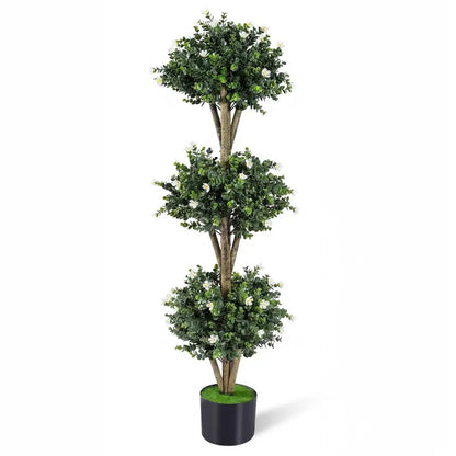 51-Inch Artificial Triple-Ball Boxwood Topiary Tree with 59 Blossoms and Weighted Plastic Pot