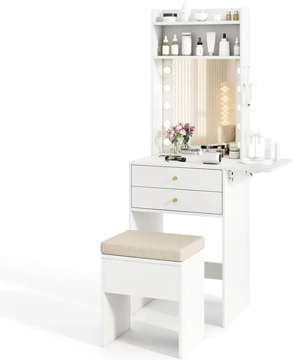 Compact Vanity Desk with LED Mirror & Charging Station  Foldable Side Table, Drawers, Shelves, and Matching Chair (White)