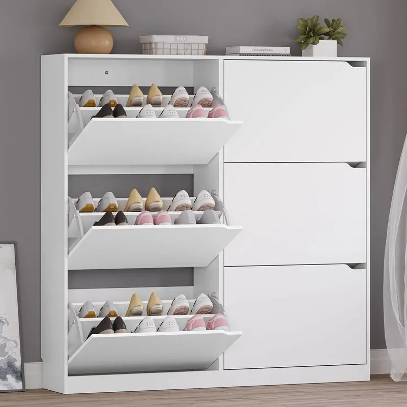 Discreet Freestanding Wood Shoe Cabinet with Three Concealed Flip Drawers