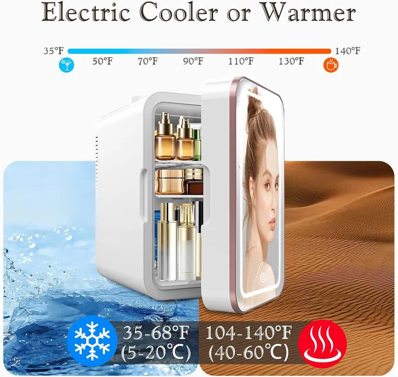 6L Skincare Mini Fridge with Dimmable LED Mirror  Compact Dual-Zone Cooler & Warmer for Cosmetics, Bedroom, or Office