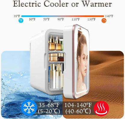 6L Skincare Mini Fridge with Dimmable LED Mirror  Compact Dual-Zone Cooler & Warmer for Cosmetics, Bedroom, or Office