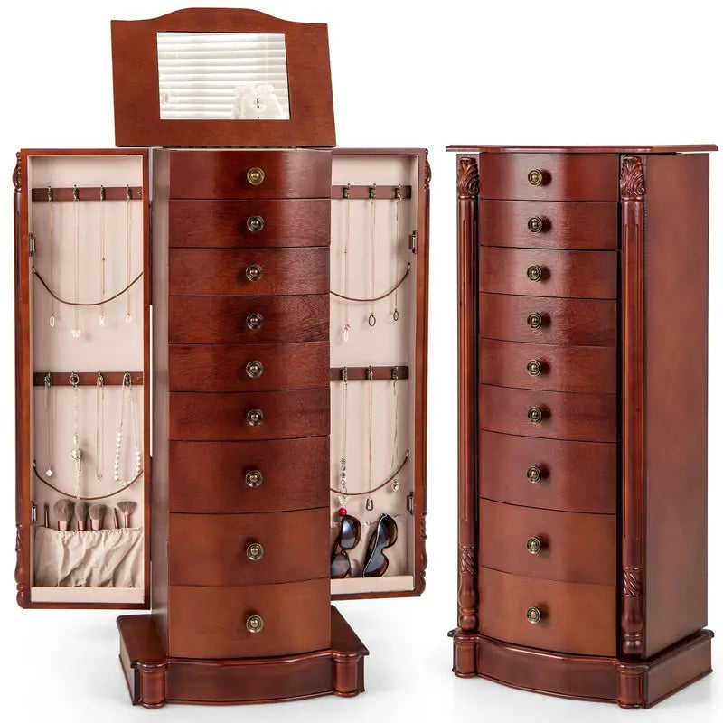 Full-Height Jewelry Armoire  Cambered-Front Standing Chest with Mirror, Velvet Trays, and Elegant Storage Compartments