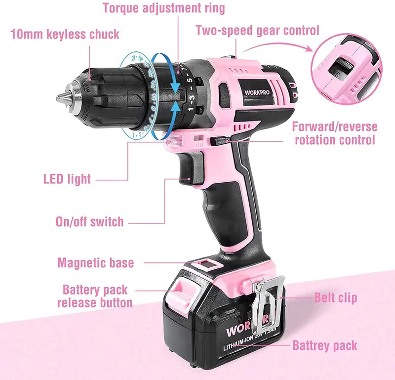 WORKPRO 20V Pink Lithium-Ion Cordless Drill Driver Kit  Pink Ribbon Edition