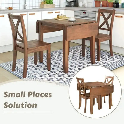 Compact Drop-Leaf Breakfast Nook Set  Three-Piece Wood Dining Solution for Tight Areas