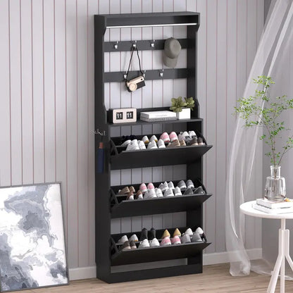 Discreet Freestanding Wood Shoe Cabinet with Three Concealed Flip Drawers
