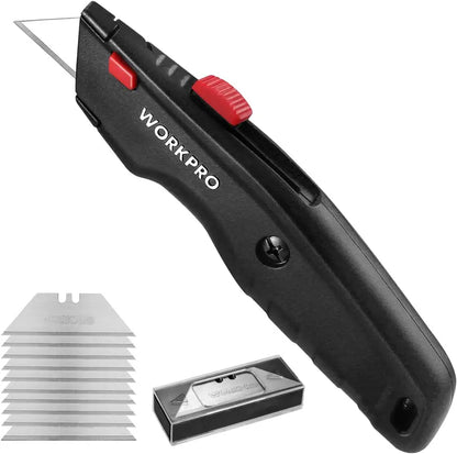 WORKPRO All-Metal Retractable Utility Knife  Heavy-Duty Box Cutter with 10 Spare Blades