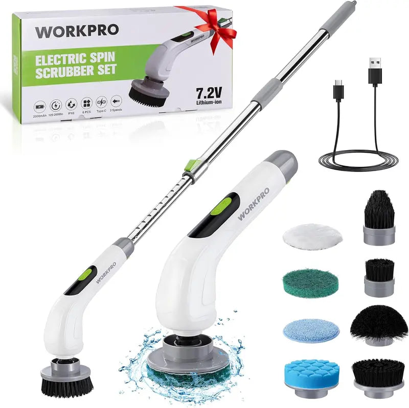 WORKPRO Cordless Spin Scrubber with Adjustable Handle, 3 Power Levels, and 8 Interchangeable Brush Heads