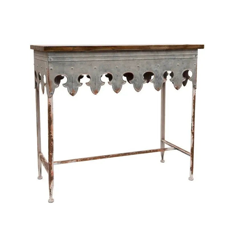 Zinc-Finished Scalloped Edge Sofa Table  Wood-and-Metal Accent Piece