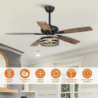 52-Inch Farmhouse Ceiling Fan with Driftwood Blades, Black Cage Design, and Remote Control