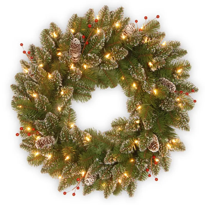 24″ Glittery Mountain Spruce Wreath with LED Lights, Pine Cones & Red Berries  Indoor/Outdoor