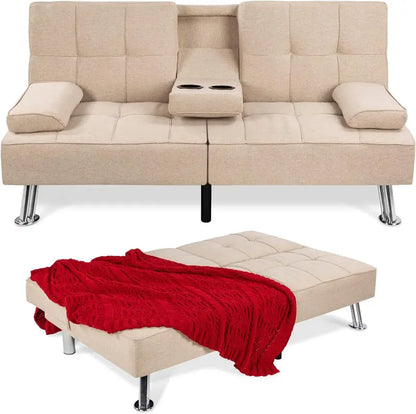 Compact Gray Linen Futon Sofa Bed  Foldable Modern Design with Detachable Armrests, Sturdy Metal Frame & Built-in Cup Holders