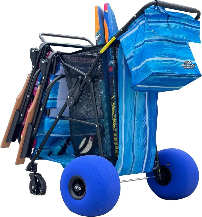 BlueWave Deluxe Beach Cart with Balloon Wheels, Foldable, Holds 4 Chairs & Umbrella, Removable Bag, Blue Striped