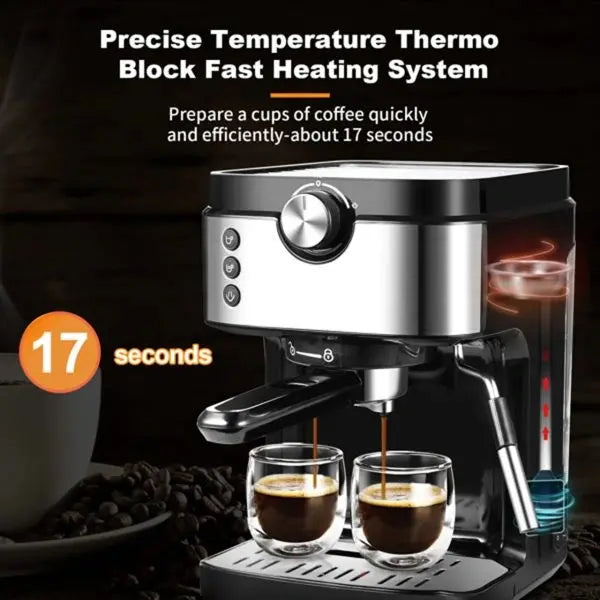 20-Bar Espresso Machine with Milk Frother  Automatic Volume Control, 900ml Tank, 1700W Italian Pump, Black Stainless Finish