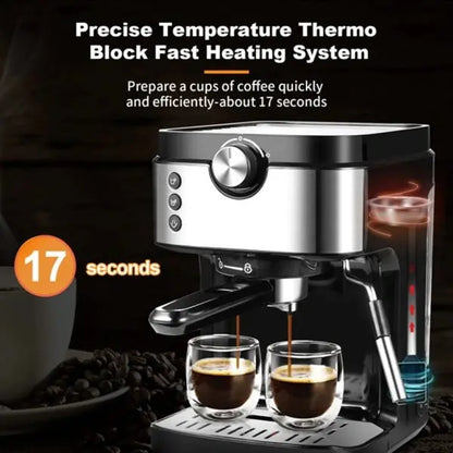 20-Bar Espresso Machine with Milk Frother  Automatic Volume Control, 900ml Tank, 1700W Italian Pump, Black Stainless Finish