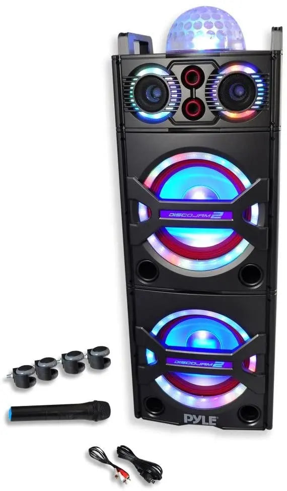 2000W Portable Bluetooth PA Speaker System  Outdoor Sound Amplifier with Mic Input, Party Lights, USB/SD/FM/AUX Support & Rolling Wheels