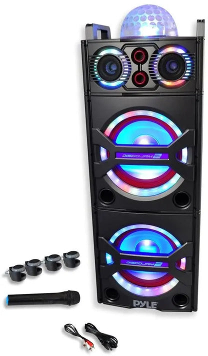 2000W Portable Bluetooth PA Speaker System  Outdoor Sound Amplifier with Mic Input, Party Lights, USB/SD/FM/AUX Support & Rolling Wheels