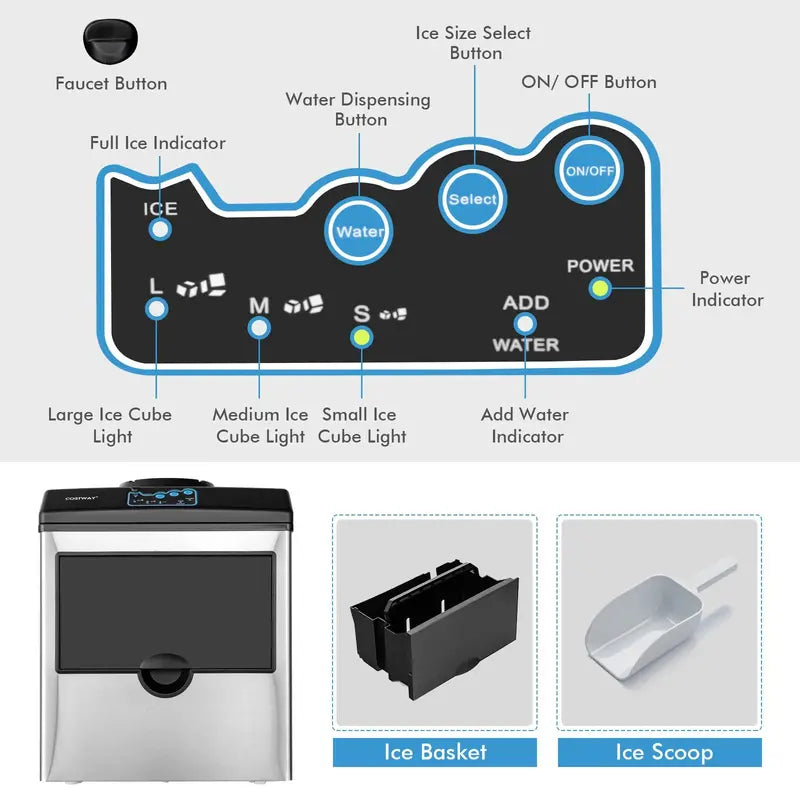 Dual-Function Countertop Ice Maker & Water Cooler  48 lbs/24 Hours with Small/Medium/Large Ice Options