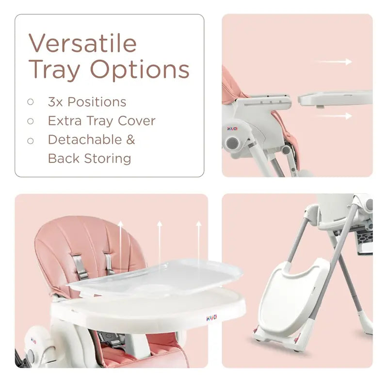 Foldable Baby High Chair, Grey Faux Leather, Adjustable Height & Recline, Removable Tray, Safety Harness, Locking Wheels