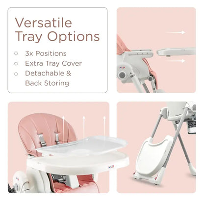 Foldable Baby High Chair, Grey Faux Leather, Adjustable Height & Recline, Removable Tray, Safety Harness, Locking Wheels