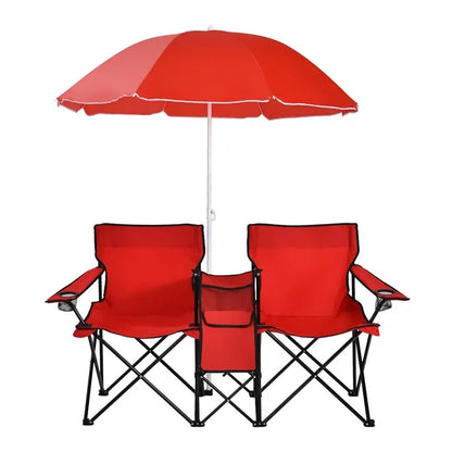 Compact Double Picnic Chair Set with Umbrella, Mini Table, Beverage Holders & Carry Bag