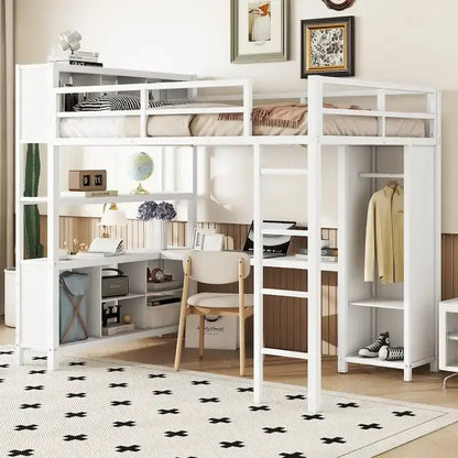 Off-White Metal Loft Bed with Under-Bed Desk and Closet Integration  Full-Size Space-Saving Solution