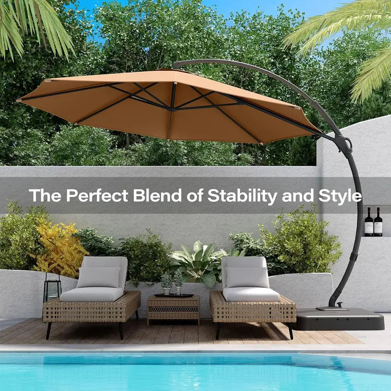 LAUSAINT HOME 11-Foot Cantilever Umbrella — Curvy Offset Design with 360° Rotation, Base Included, Beige Finish