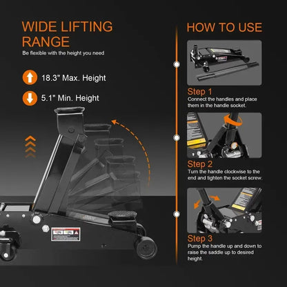 Heavy-Duty 3-Ton Steel Floor Jack  Black Quick-Lift Model with Dual Pump Mechanism