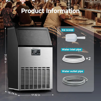 EUHOMY Commercial Stainless Steel Ice Maker — 100 lbs/24H Production, 33 lbs Built-In Storage, Freestanding Undercounter Design