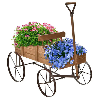 Wooden Wheeled Wagon Planter  Decorative Rolling Garden Planter for Patios and Landscapes