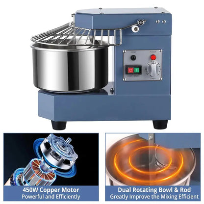 8-Quart Commercial Food Mixer  450W Dual-Arm Kneading, Stainless Steel Bowl, Safety Shield & Programmable Timer